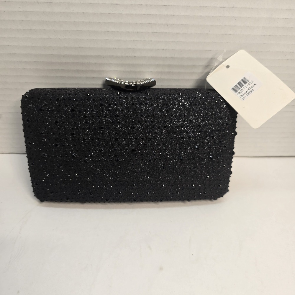 Black Glitter Rhinestone Evening Clutch Bag Crystal V Clasp Formal Box Purse